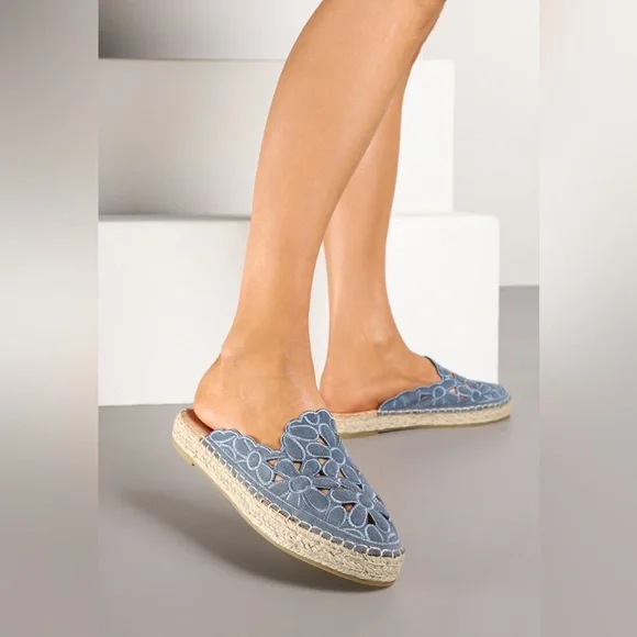 Bohemian Blue Floral Cutout Espadrille Mules – Denim Lace Platform Slides 37 7 - Picture 3 of 10